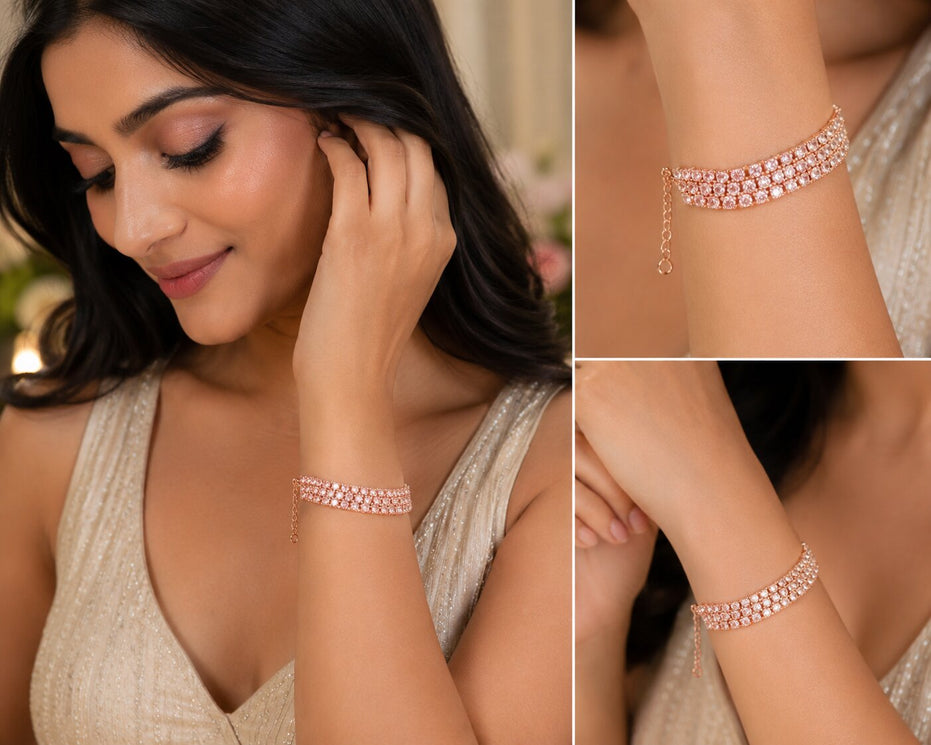 Three Layered Tennis Rose Gold Plated Bracelet