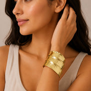Gold Plated Hammered Pattern Textured Wide Cuff Bracelet