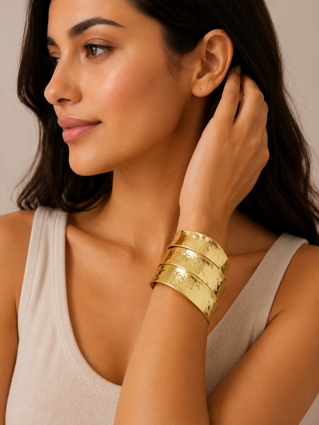 Gold Plated Hammered Pattern Textured Wide Cuff Bracelet