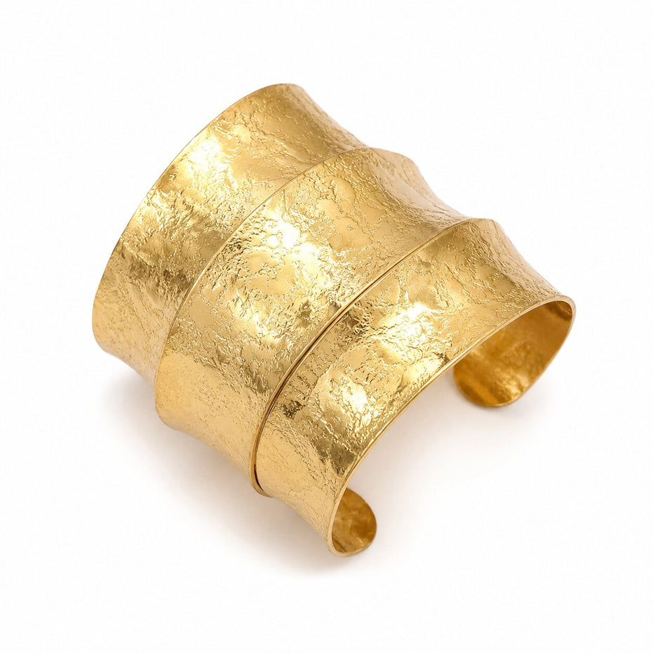 Gold Plated Hammered Pattern Textured Wide Cuff Bracelet