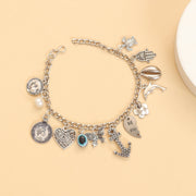Rhodium Plated Charm Bracelet with Evil Eye, Heart, Anchor & Ocean-Themed Charms
