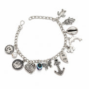 Rhodium Plated Charm Bracelet with Evil Eye, Heart, Anchor & Ocean-Themed Charms