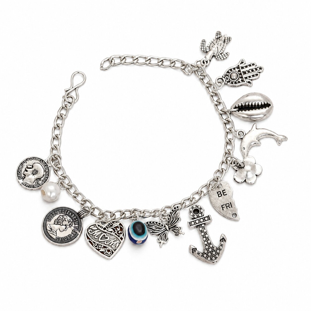 Rhodium Plated Charm Bracelet with Evil Eye, Heart, Anchor & Ocean-Themed Charms