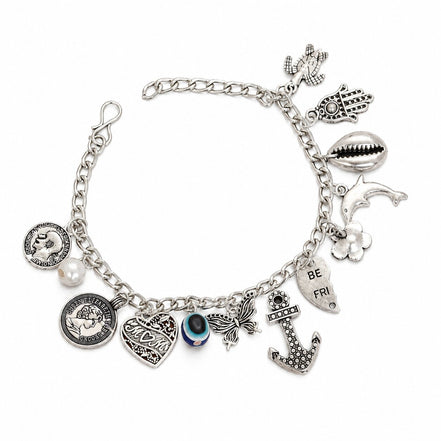Rhodium Plated Charm Bracelet with Evil Eye, Heart, Anchor & Ocean-Themed Charms