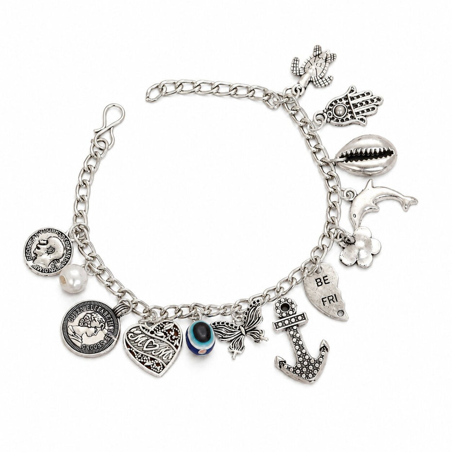 Rhodium Plated Charm Bracelet with Evil Eye, Heart, Anchor & Ocean-Themed Charms