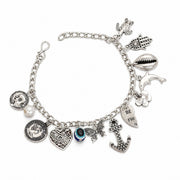 Rhodium Plated Charm Bracelet with Evil Eye, Heart, Anchor & Ocean-Themed Charms