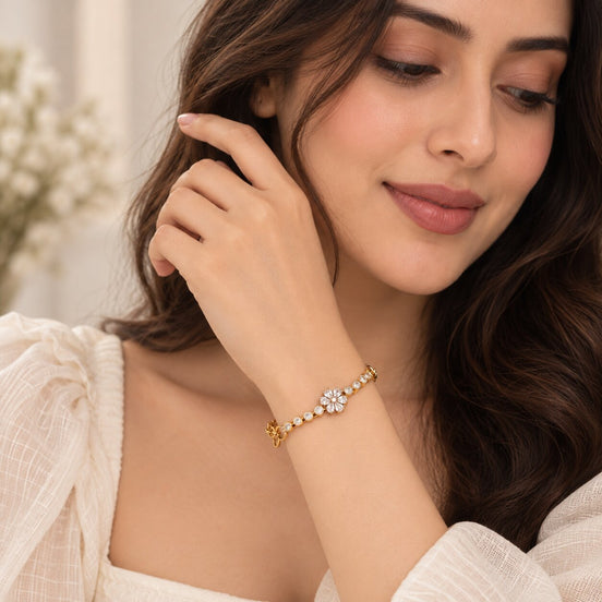 Floral CZ Gold & Silver Plated Bracelet with Link Chain Pattern