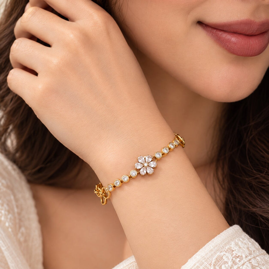 Floral CZ Gold & Silver Plated Bracelet with Link Chain Pattern
