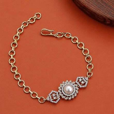 Pearl Floral CZ Gold Bracelet with Link Chain
