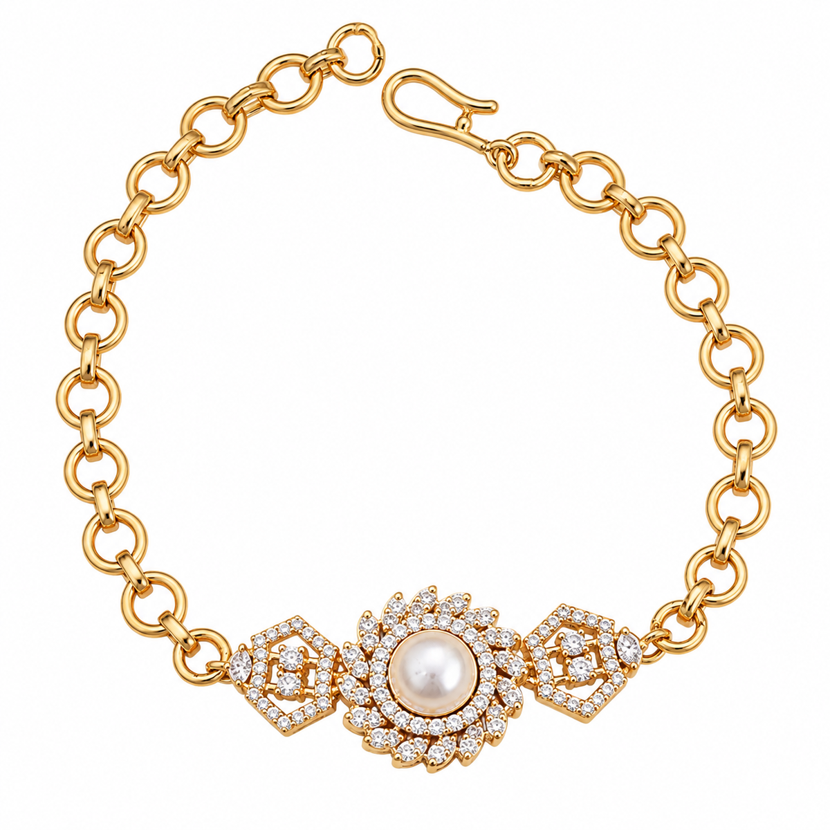 Pearl Floral CZ Gold Bracelet with Link Chain