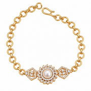Pearl Floral CZ Gold Bracelet with Link Chain
