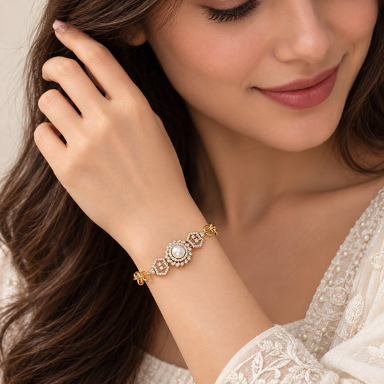 Pearl Floral CZ Gold Bracelet with Link Chain