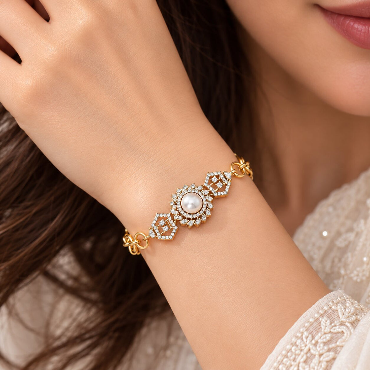 Pearl Floral CZ Gold Bracelet with Link Chain