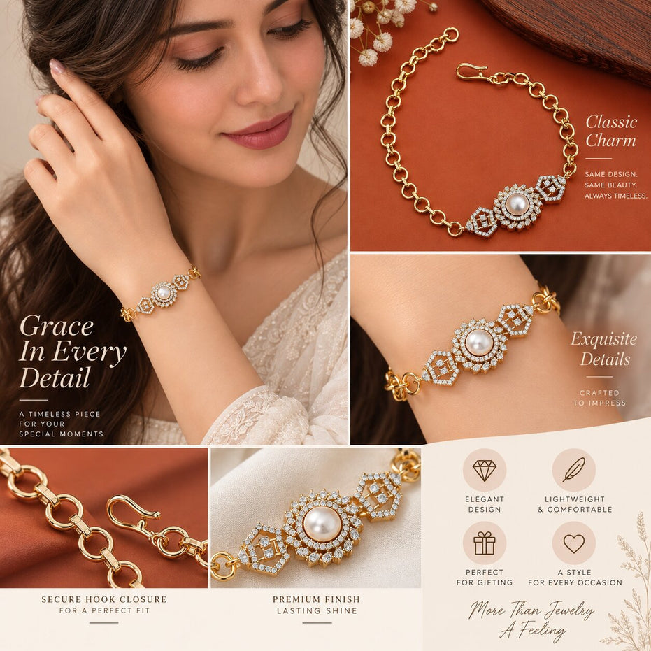 Pearl Floral CZ Gold Bracelet with Link Chain