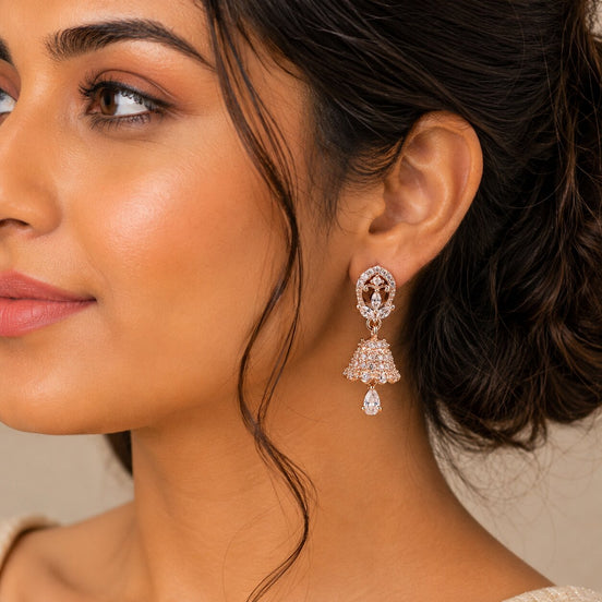 Rose Gold Plated CZ Traditional Bell Jhumka Pattern Earrings