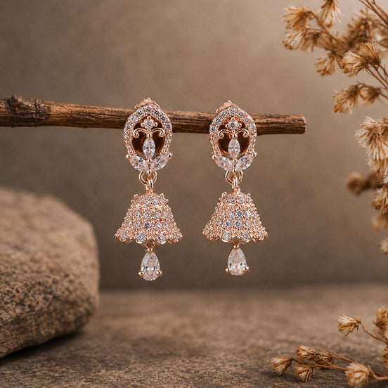 Rose Gold Plated CZ Traditional Bell Jhumka Pattern Earrings