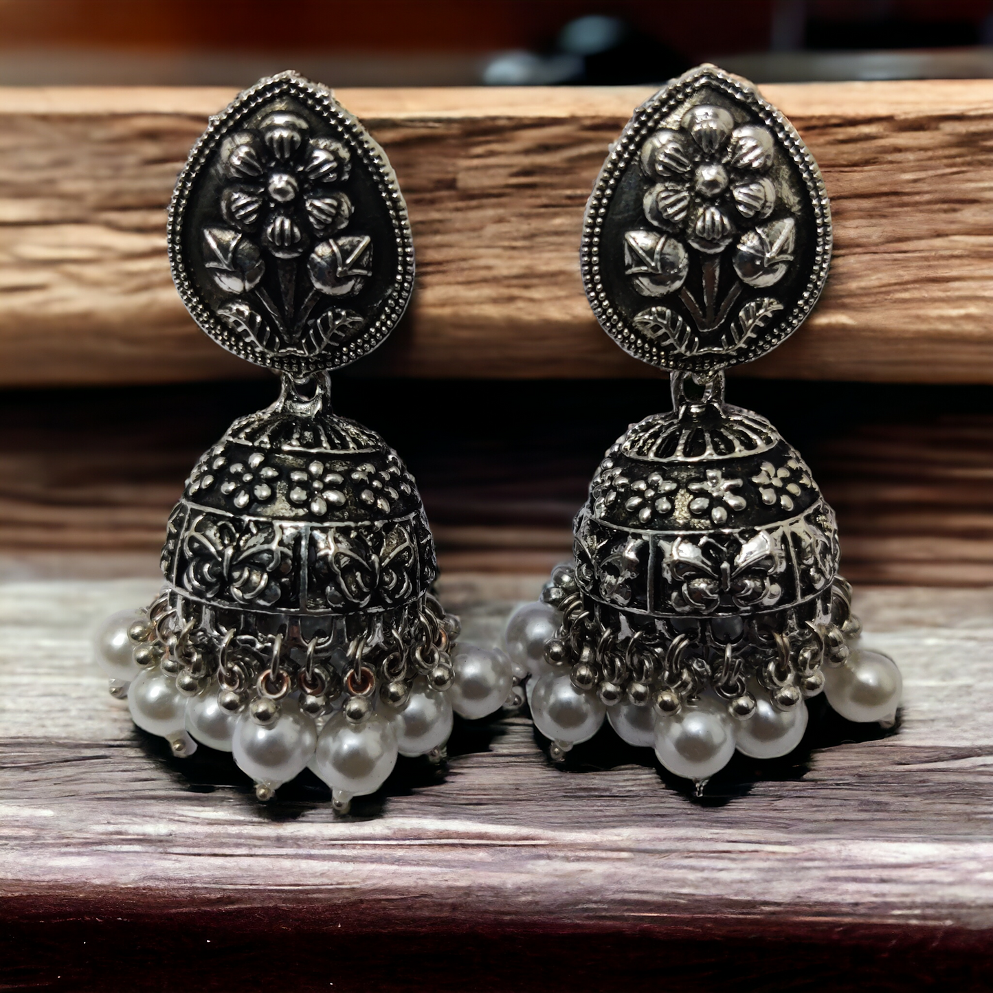 Exquisite Oxidized Jhumkas with delicate Hanging Moti - Opal Touch