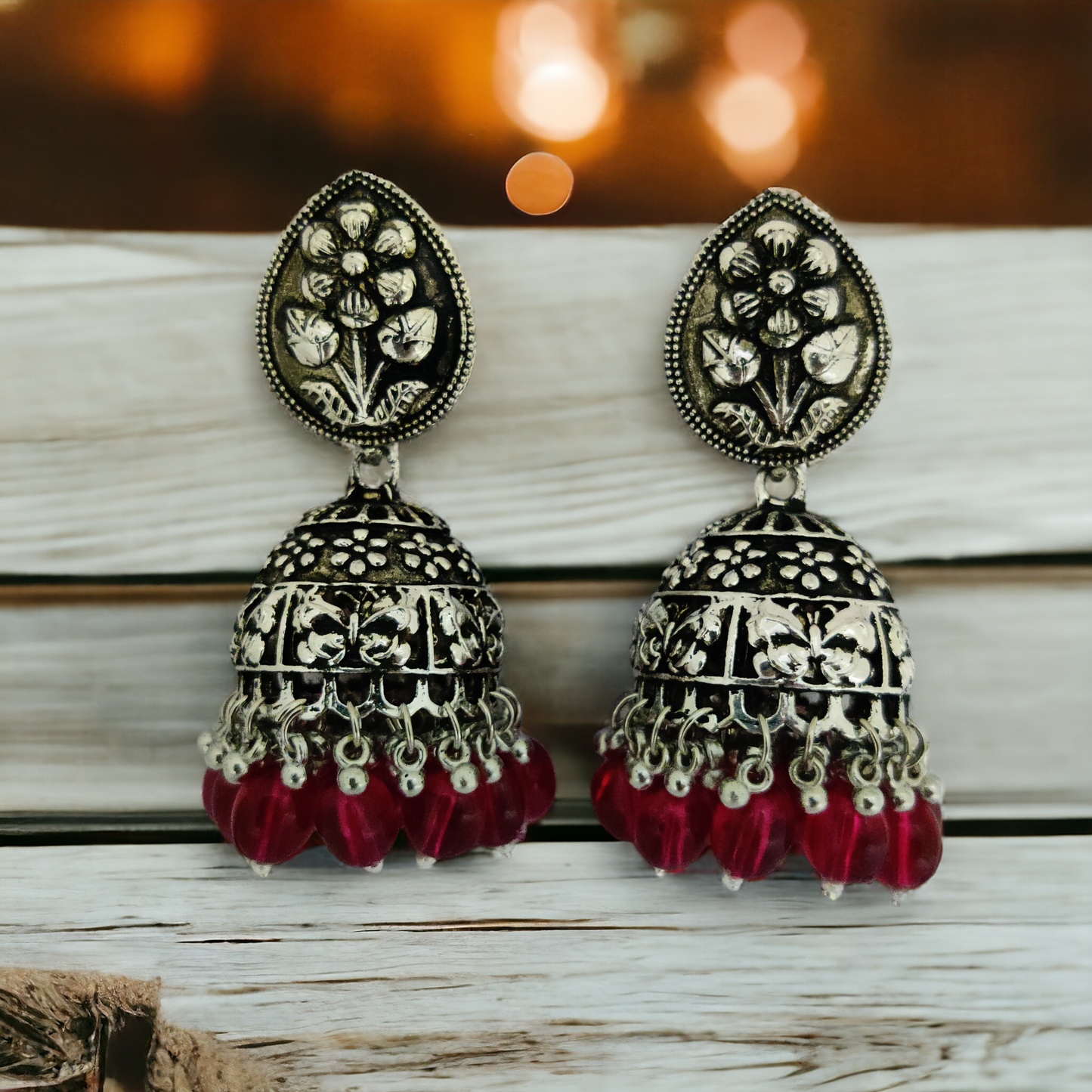 Exquisite Oxidized Jhumkas with delicate Hanging Moti - Opal Touch