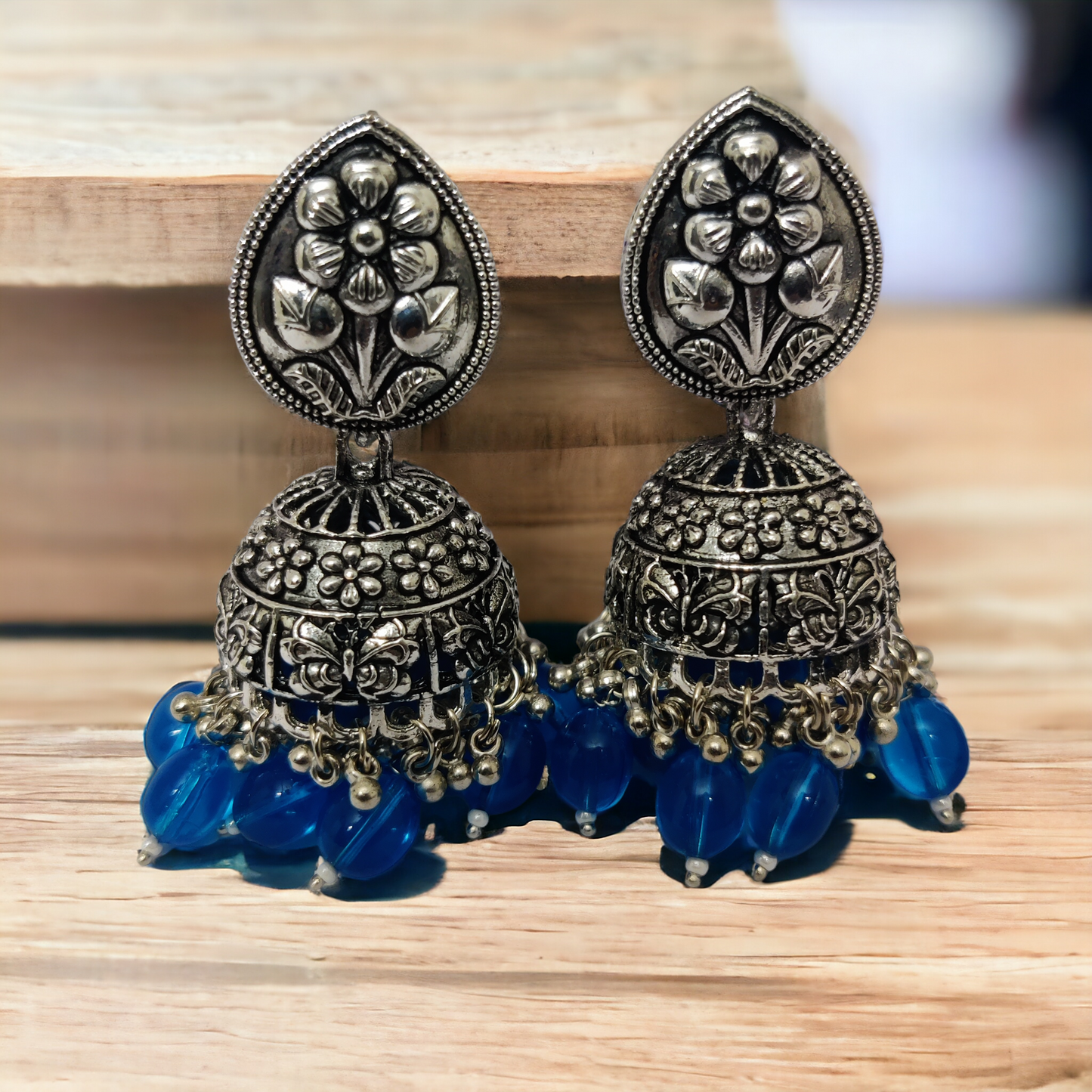 Exquisite Oxidized Jhumkas with delicate Hanging Moti - Opal Touch