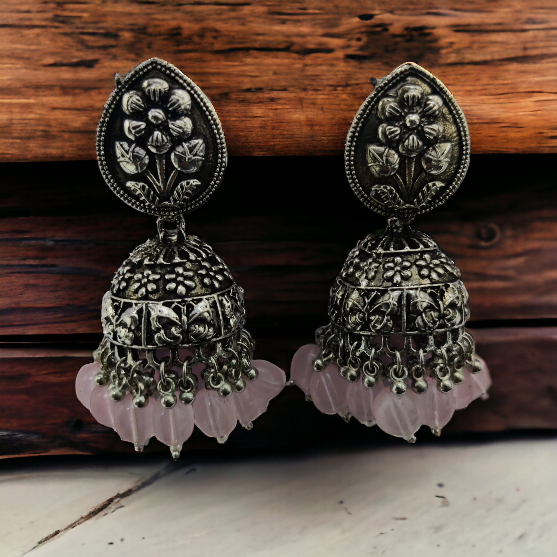 Exquisite Oxidized Jhumkas with delicate Hanging Moti - Opal Touch