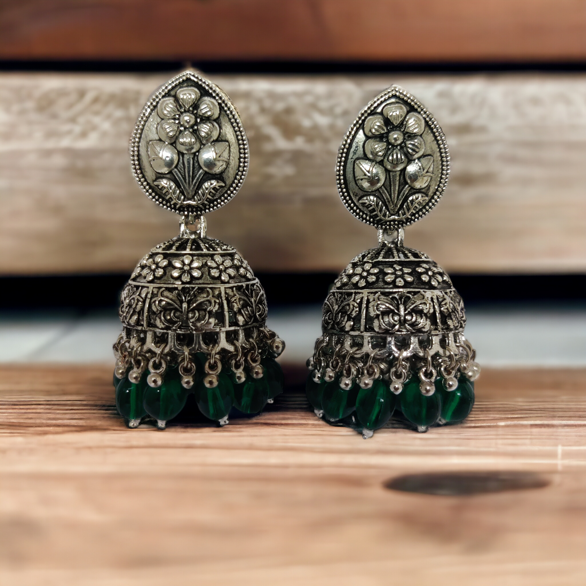 Exquisite Oxidized Jhumkas with delicate Hanging Moti - Opal Touch