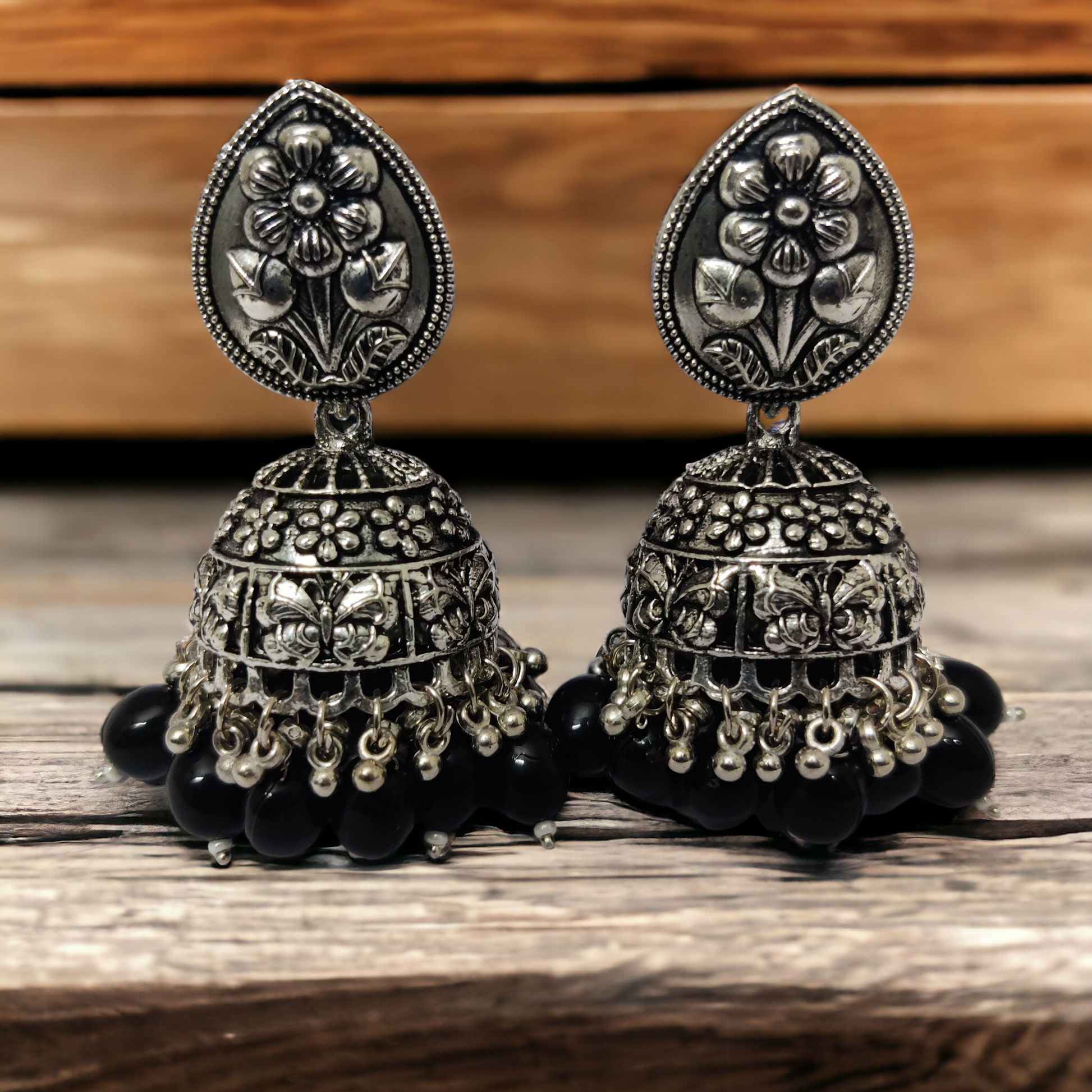 Exquisite Oxidized Jhumkas with delicate Hanging Moti - Opal Touch