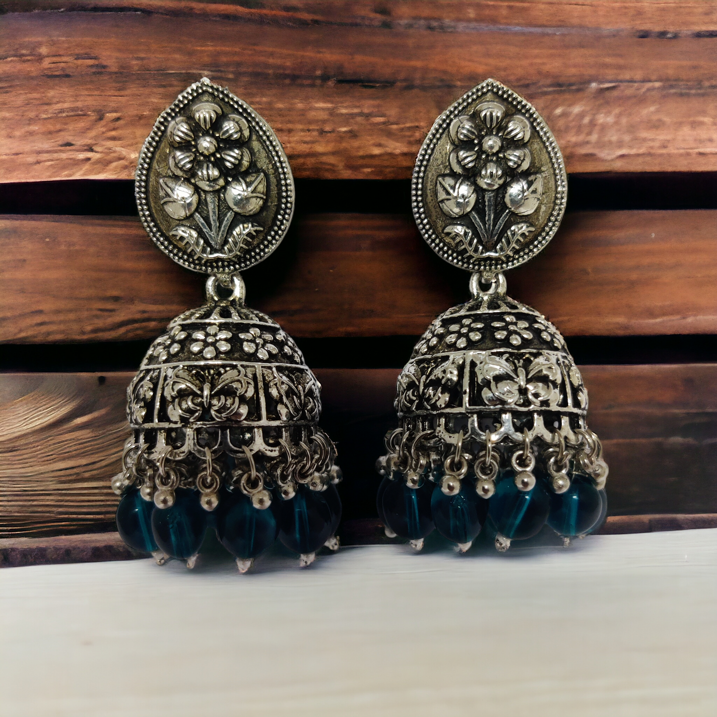 Exquisite Oxidized Jhumkas with delicate Hanging Moti - Opal Touch