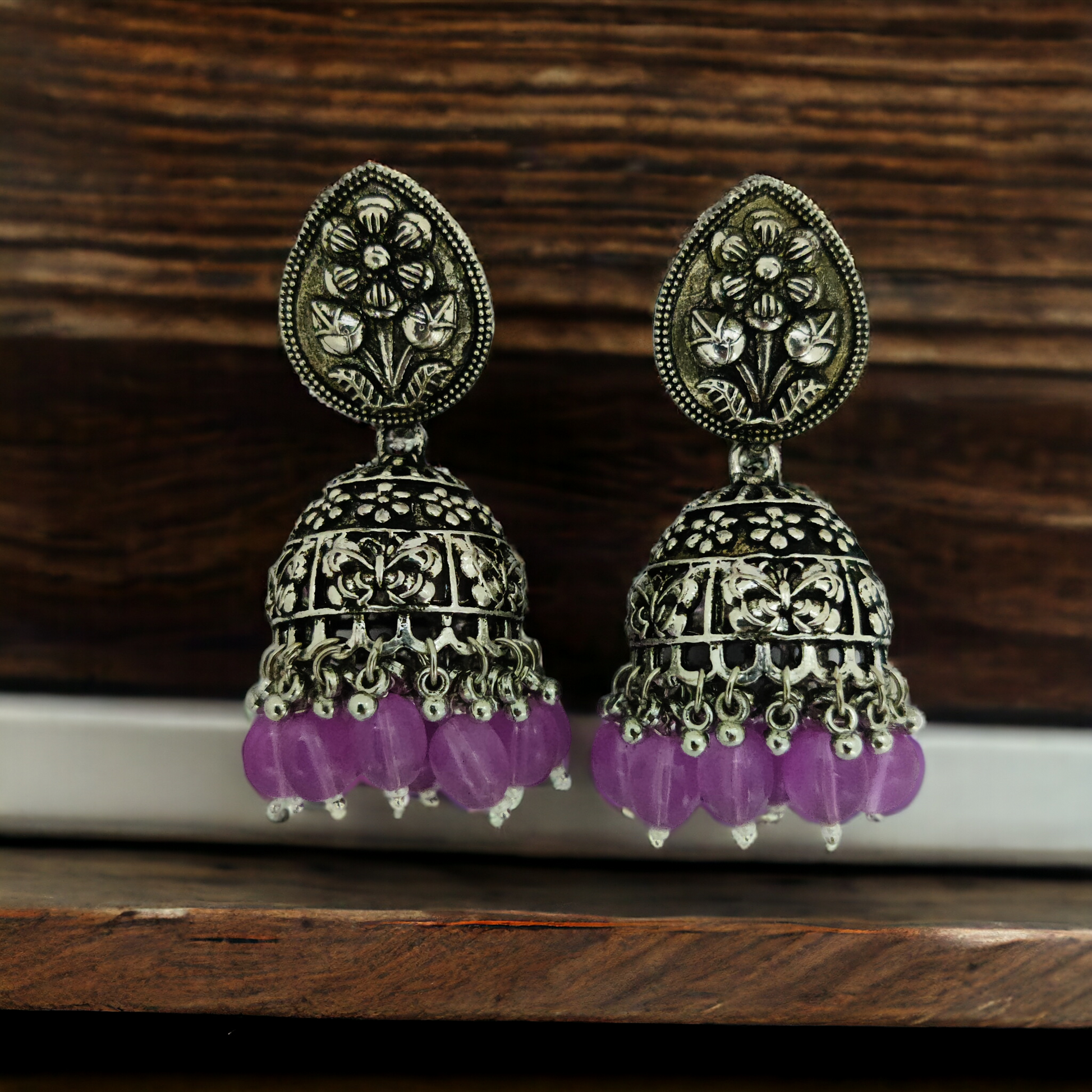 Exquisite Oxidized Jhumkas with delicate Hanging Moti - Opal Touch