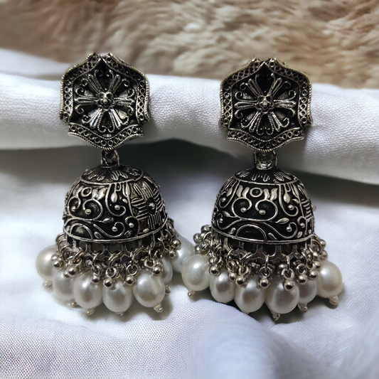 Exquisite Oxidized Jhumkas with delicate Hanging Moti