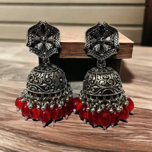 Exquisite Oxidized Jhumkas with delicate Hanging Moti