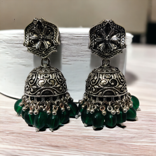 Exquisite Oxidized Jhumkas with delicate Hanging Moti