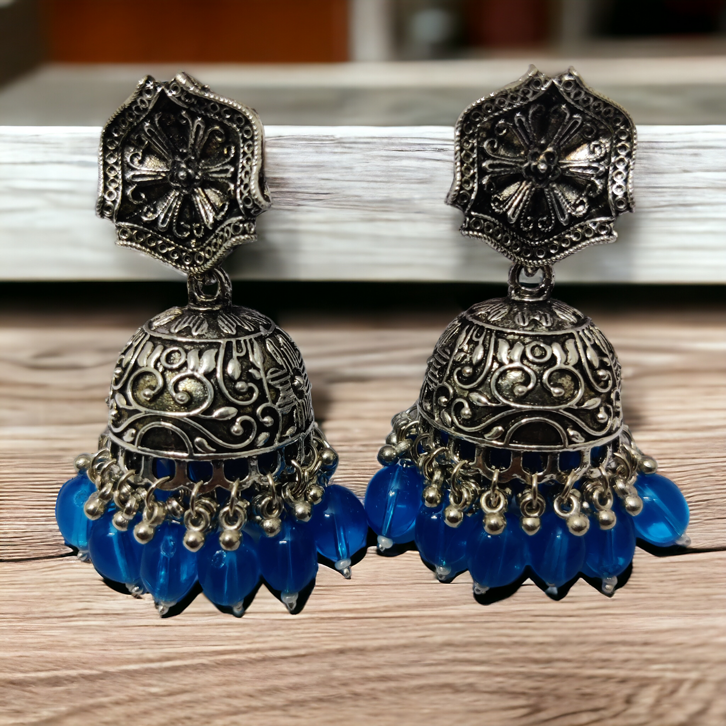 Exquisite Oxidized Jhumkas with delicate Hanging Moti