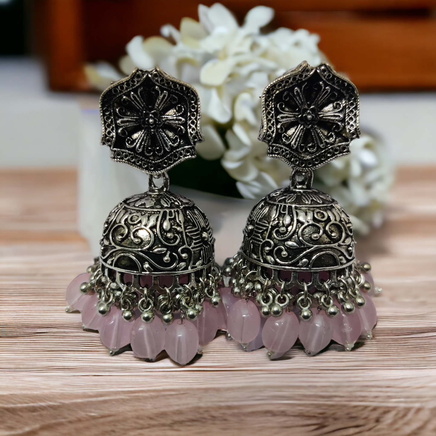 Exquisite Oxidized Jhumkas with delicate Hanging Moti