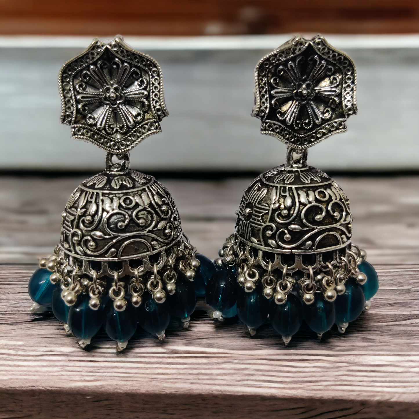 Exquisite Oxidized Jhumkas with delicate Hanging Moti