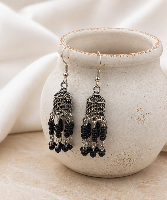 Oxidized Silver Plated Long Cylindrical Jhumka Pattern Earrings