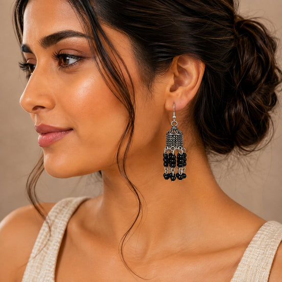 Oxidized Silver Plated Long Cylindrical Jhumka Pattern Earrings