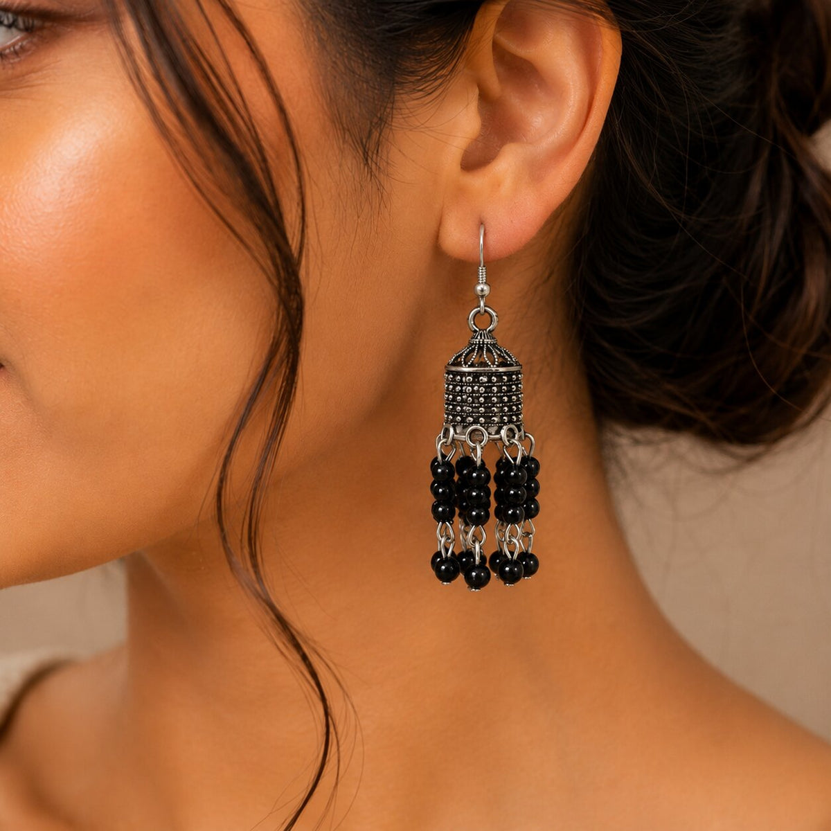 Oxidized Silver Plated Long Cylindrical Jhumka Pattern Earrings