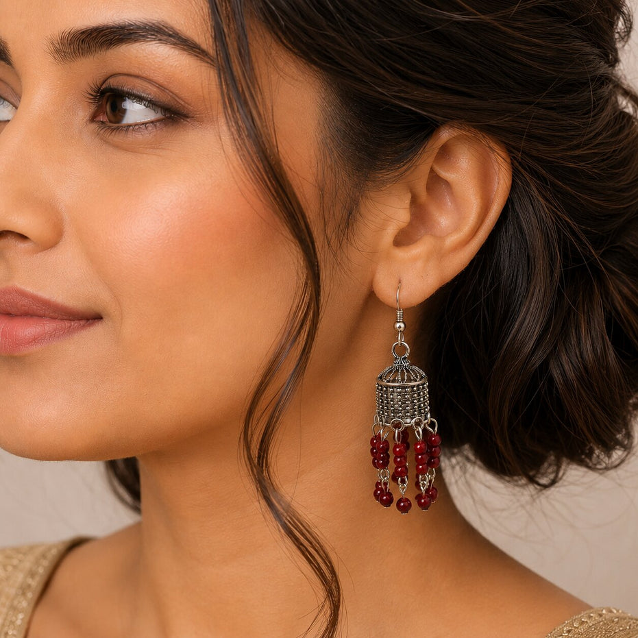 Oxidized Silver Plated Long Cylindrical Jhumka Pattern Earrings