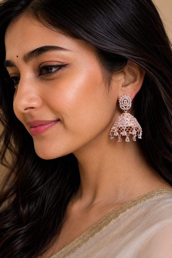 Rose Gold Plated American Diamond Oval Floral Filigree Jhumka Earrings
