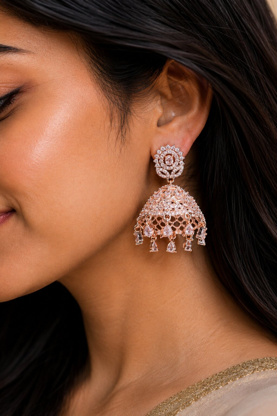 Rose Gold Plated American Diamond Oval Floral Filigree Jhumka Earrings