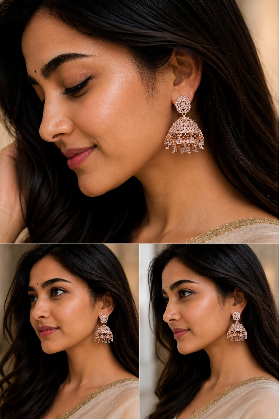 Rose Gold Plated American Diamond Oval Floral Filigree Jhumka Earrings