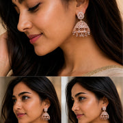 Rose Gold Plated American Diamond Oval Floral Filigree Jhumka Earrings