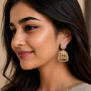 Gold Plated American Diamond Floral Jhumka Earrings