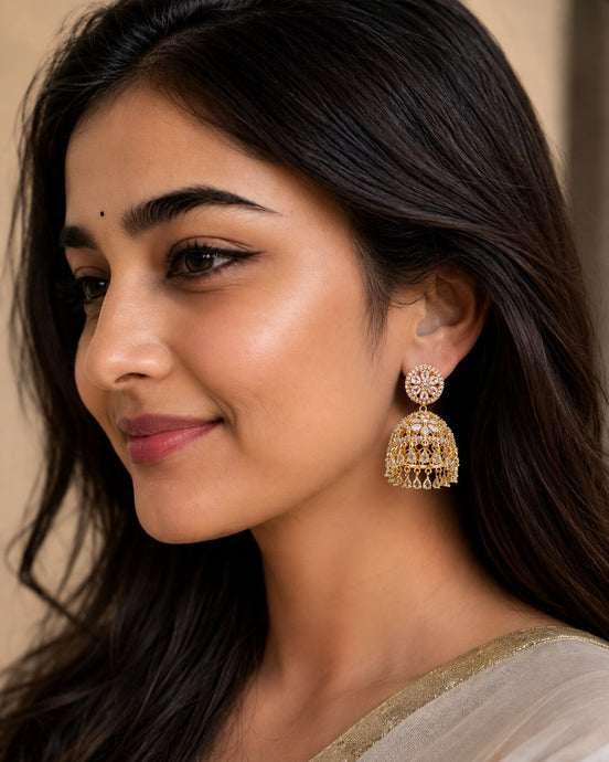 Gold Plated American Diamond Floral Jhumka Earrings