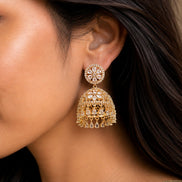 Gold Plated American Diamond Floral Jhumka Earrings