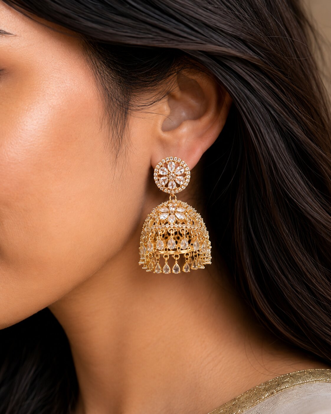 Gold Plated American Diamond Floral Jhumka Earrings