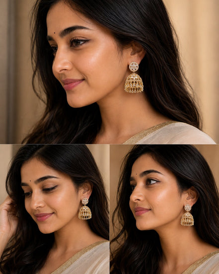 Gold Plated American Diamond Floral Jhumka Earrings