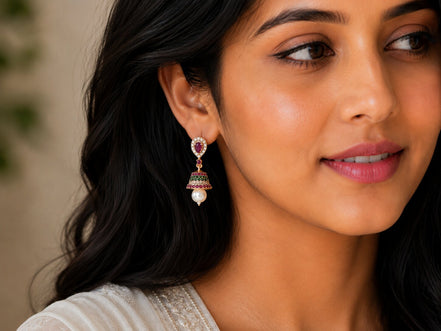 Gold Plated American Diamond Pearl Jhumka Earrings