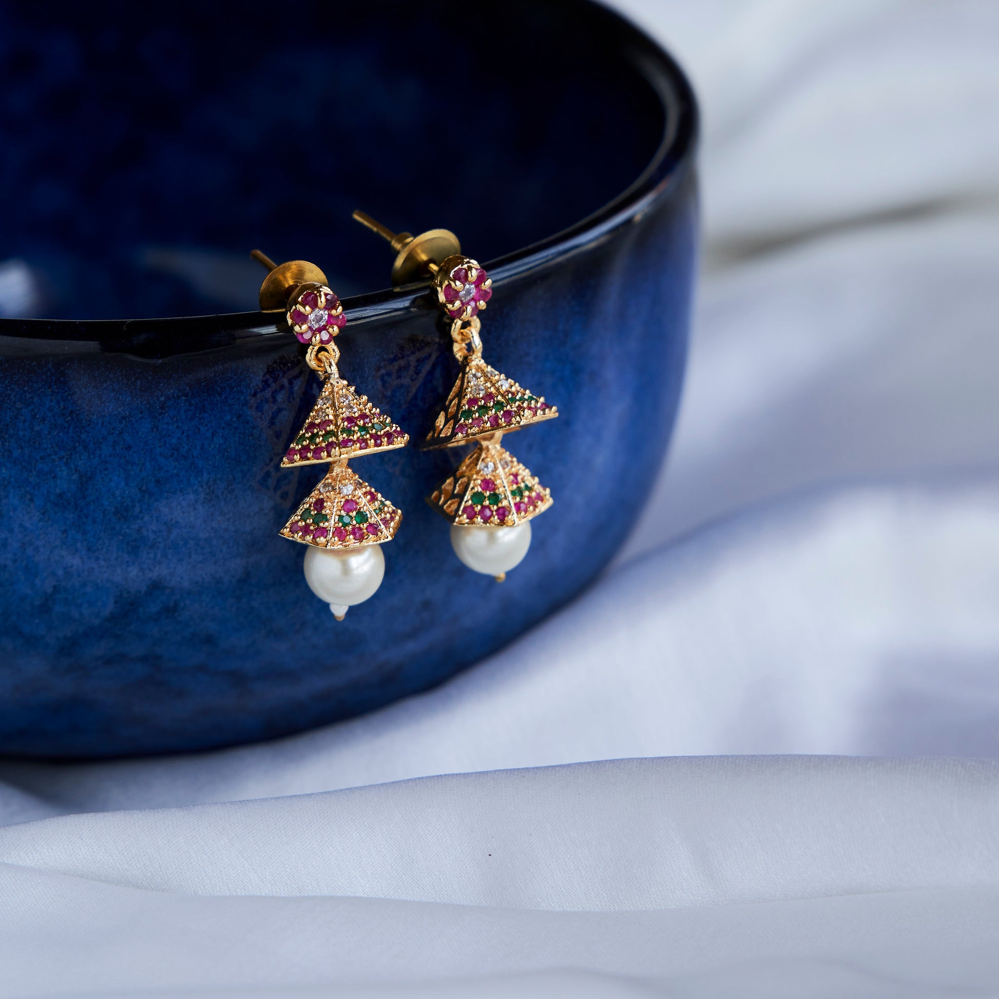 Golden Shine Double Layer Jhumkas - Opal Touch