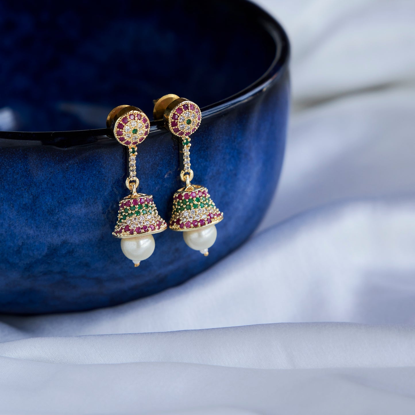 Regal Pearl Drop Golden Jhumkas - Opal Touch